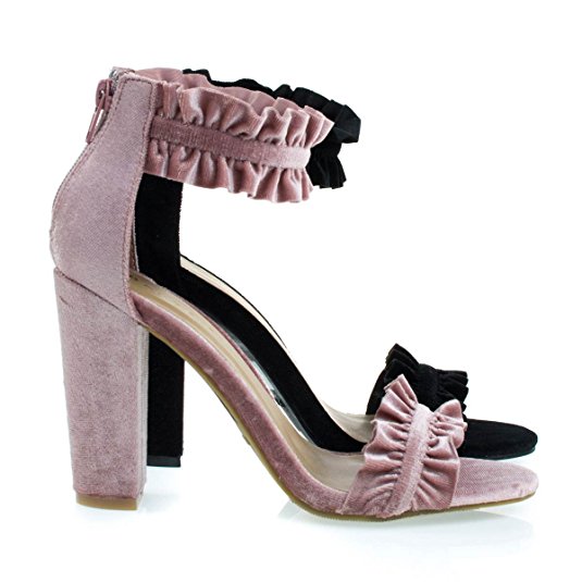 Velvet Chunky Block High Heel Sandal w Ruffled Straps, Retro Chic