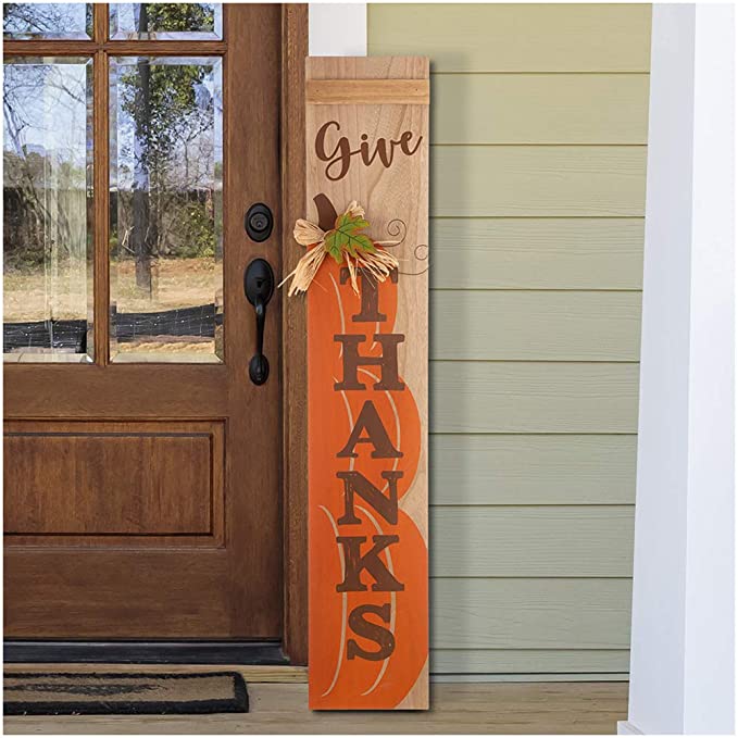 Glitzhome 42"H Thanksgiving Wooden Pumpkin Porch Sign Vertical Hanging Sign "Give THANKS" Porch Décor for Fall Harvest Thanksgiving Autumn Indoor Outdoor Decorations