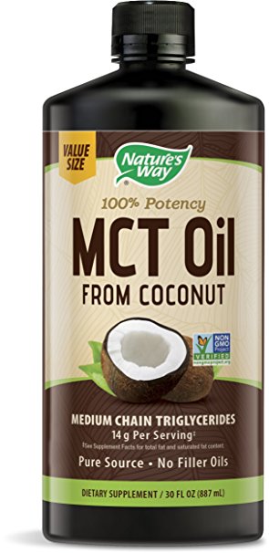 Nature's Way 100% Potency Pure Source MCT Oil From Coconut- Certified Paleo, Certified Vegan- Non-GMO Project Verified, Vegetarian, Gluten-free, Flavorless, No Filler Oils, Hexane-free- 30 Fluid Ounce