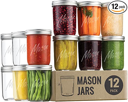 Wide-Mouth Glass Mason Jars, 16-Ounce (12-Pack) Glass Canning Jars with Silver Metal Airtight Lids and Bands with Chalkboard Labels, for Canning, Preserving, Meal Prep, Overnight Oats, Jam, Jelly,