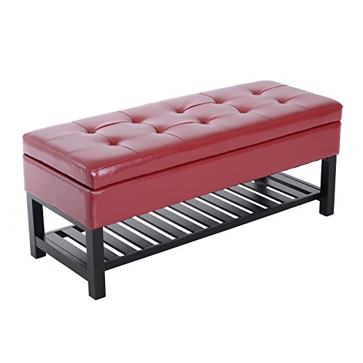 HomCom 44” PU Leather Tufted Shoe Rack Ottoman Storage Bench - Red