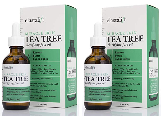 1.8 fl oz Elastalift Tea Tree Oil for face with Witch Hazel. Clarifying Tea Tree Face oil helps with Redness, Bumps, and Large Pores. (Two - 1.8oz)