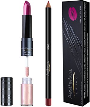 Aesthetica Matte Lip Trio - Instant Bold Matte Lip - Includes Matte Lipstick / Lip Gloss Duo, Lip Liner and Step-by-Step Instructions – Long Wear Formula Keeps Lips Moist (Ultra Violet/Rebel)