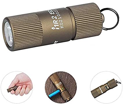 Olight i1R 2 EOS Desert Tan 150 Lumens Tiny Rechargeable Keychain Flashlight EDC Mini LED Keyring Light with Built-in Battery for Camping Hiking Dog Walking etc