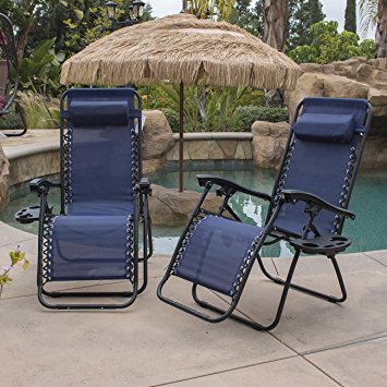 Belleze 2-Pack Zero Gravity Chairs Patio Lounge  Cup Holder/Utility Tray (Blue)