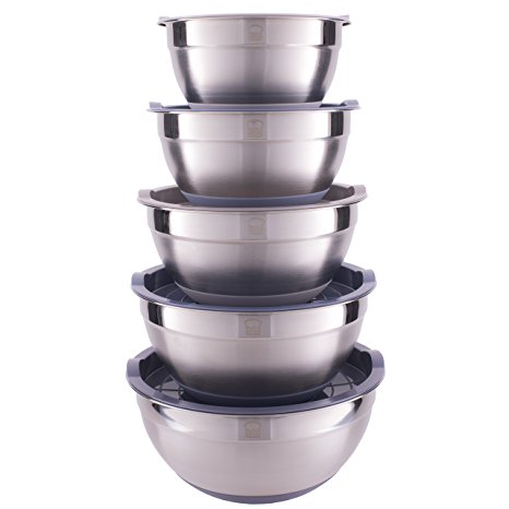 Set of 5 Stainless Steel Mixing Bowls with Non-Slip Silicon Bottom and Lid