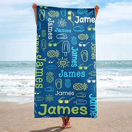 Personalized Beach Towels for Women Kids Girls Boys Adults Men. Custom Name Beach Towel with Name Mermaid Flamingo Pineapple Shark Honeymoon Basketball Baseball Summer Gifts (Tropical 1, 32" x 64")