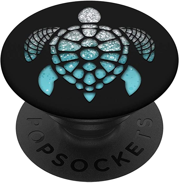 Silver Light Blue Turtle Phone Grip on Black Pattern PopSockets PopGrip: Swappable Grip for Phones & Tablets