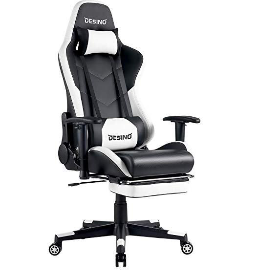 DESINO Gaming Chair Racing Style High Back Computer Chair Swivel Ergonomic Executive Office Leather Chair with Footrest (White)