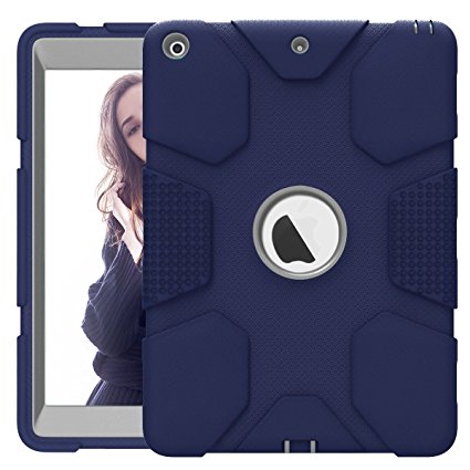 Hocase iPad 9.7 2018/2017 Case Rugged Heavy Duty High-Impact Shockproof Hard Rubber Protective Case for Apple iPad 5th/6th Generation A1822/A1823/A1893/A1954 - Navy Blue/Grey