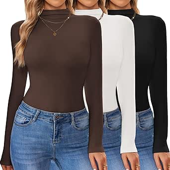 Ekouaer 3 Pack Turtleneck Shirt Women Long Sleeve Mock Neck Slim Fit Tops Winter Thermal Base Layer Soft Stretch Undershirts