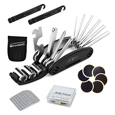SAHOO 16 in 1 Multi-Function Bicycle Repair Tools Kits Set Bike Maintenance Fix Tools Set Bag with Glueless Tire Patch and Levers