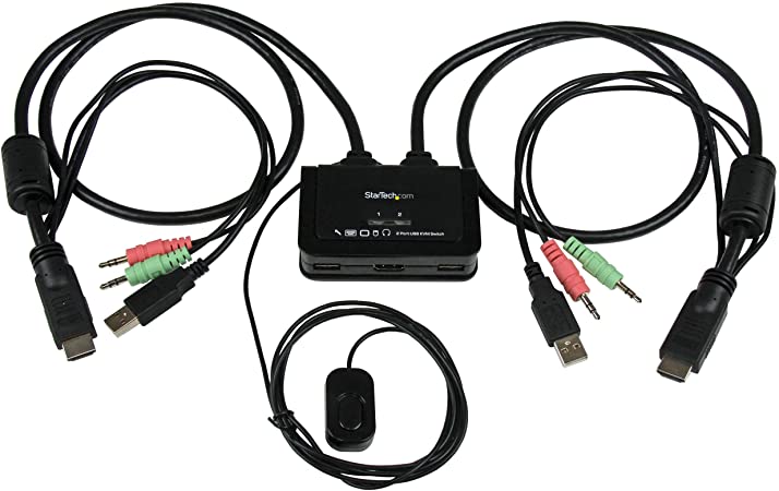 StarTech.com 2 Port USB HDMI Cable KVM Switch with Audio and Remote Switch - USB Powered KVM with HDMI - Dual Port HDMI KVM Switch (SV211HDUA),Black