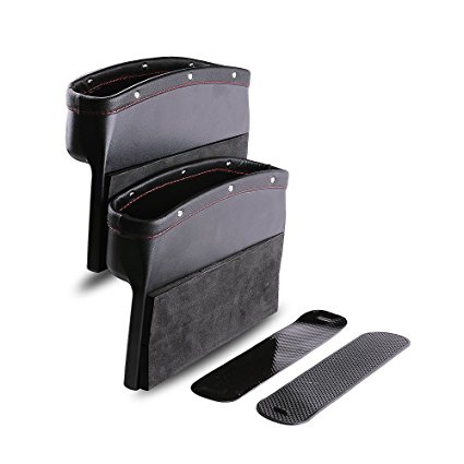 Car Seat Pockets PU Leather Car Console Side Organizer Seat Gap Filler Catch Caddy for Cellphone Wallet Coin Key with Non-Slip Mat 9.2x6.5x2.1 inch Black（2 Pack）Powertiger