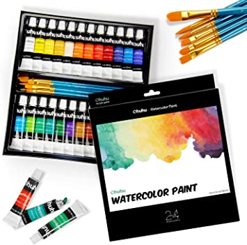 Watercolor Paint Set by Ohuhu 24 Premium Quality Art Watercolors Painting Kit (12 ml, 0.42 oz.) with 6 Painting Brushes for Artists, Students Beginners - for Landscape Painting Back to School Art Supply