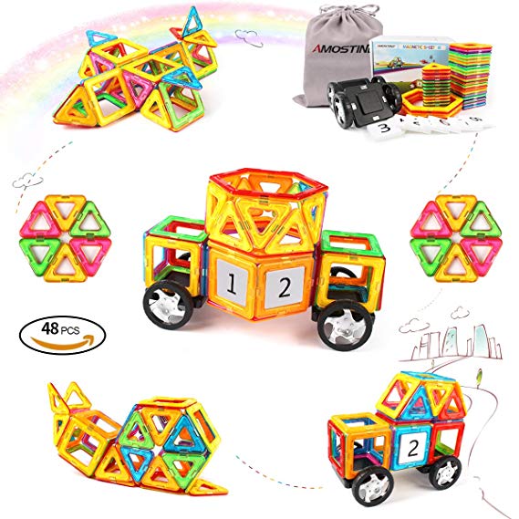 AMOSTING Magnetic Building Blocks Building Kits Stacking Toy Bricks with Wheels and Figure Blocks -46 pcs