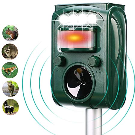 Solar Ultrasonic Animal Repeller, with Motion Activated and Flashing LED Lights Outdoor Waterproof Repeller for Dogs,Cats,Raccoon,Mice,Birds,Skunks,Etc.