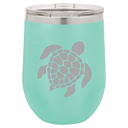 12 oz Double Wall Vacuum Insulated Stainless Steel Stemless Wine Tumbler Glass Coffee Travel Mug With Lid Sea Turtle (Teal)