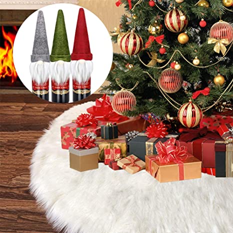 Tenflyer 36'' Christmas Tree Skirt White Plush Luxury Faux Fur Skirts, 3pcs Xmas Wine Bottle Cover for Merry Christmas New Year Decoration (White, 36inche 3pcs Wine Bottle Cover)