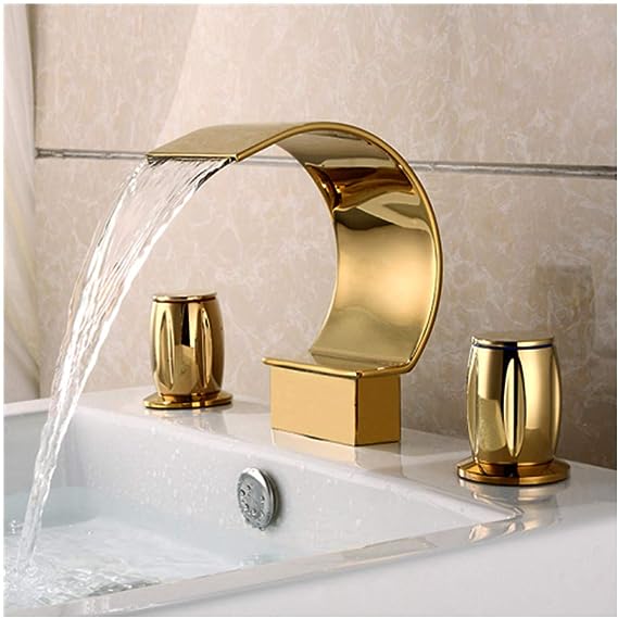 Sprinkle Elegant Waterfall Double Handle Bathroom Sink Faucet Arc Waterfall Spout Bathtub Filler Faucet with Three Holes Widespread Bathroom Faucet Gold