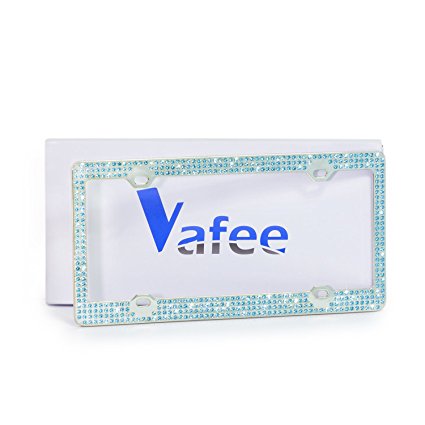 License Plate Frame Sparkly Crystal Bling License Plate Frame with 7 Row Handmade Waterproof Rhinestone Crystal (Blue)