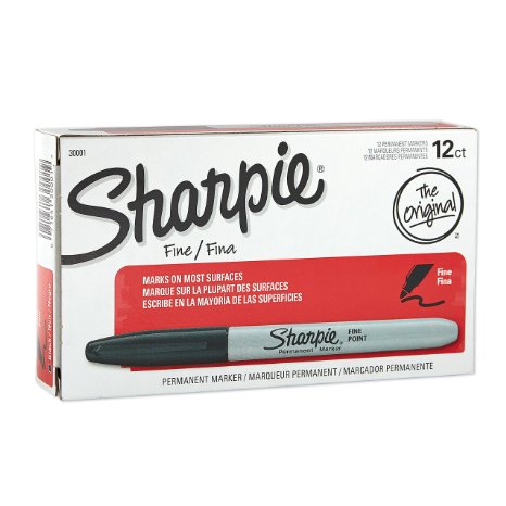 Sharpie Permanent Markers, Fine Point, Black, Box of 12