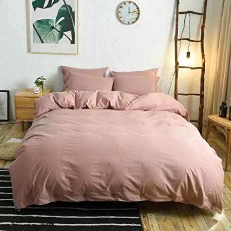 M&Meagle 3 Pieces Pink Duvet Cover Queen,100% Washed Cotton Duvet Cover with Button Closure,Ultra Soft Natural Cotton Bedding Set-Queen Size(1 Duvet Cover 2 Pillowcases)