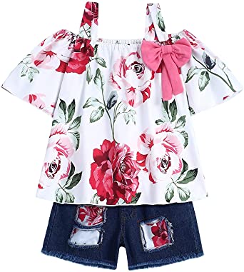 Oklady Baby Girls Clothes Floral Ruffle Bowknot Tank Top Denim Shorts Outfit Summer Outfit Sets