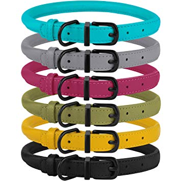 BronzeDog Rolled Leather Dog Collar Soft Round Rope Pet Collars for Small Medium Large Dogs Cat Puppy Kitten Black Blue Pink Green Yellow Grey