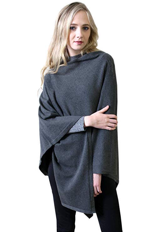 Women's Knit Poncho Sweater Knitted Pullover Cardigan Topper, 100% Organic Cotton, Super Soft, All-Season (15 COLORS)