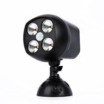 ICOCO LED Motion Sensor Light 4 LEDs 600 Lumens Battery Powered Ultra Bright Outdoor Spotlight Wireless Warm White (Black)