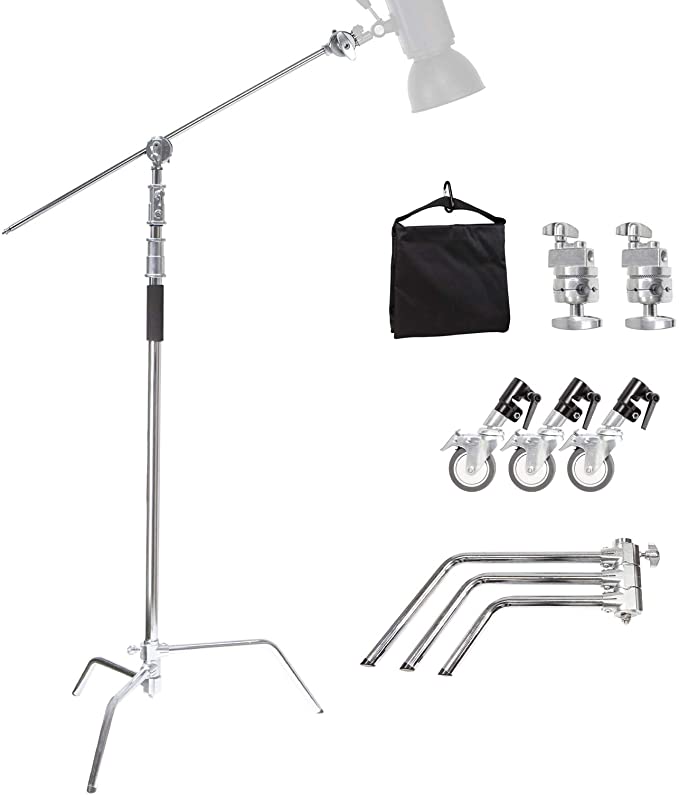 RangerRider C Stand with Boom Arm and Wheels Sandbag Overhead Camera Stand Kit 10ft/300cm with 4.2ft/128cm Holding Arm 2 Pieces Grip Head for Photography Studio Video Reflector, Monolight