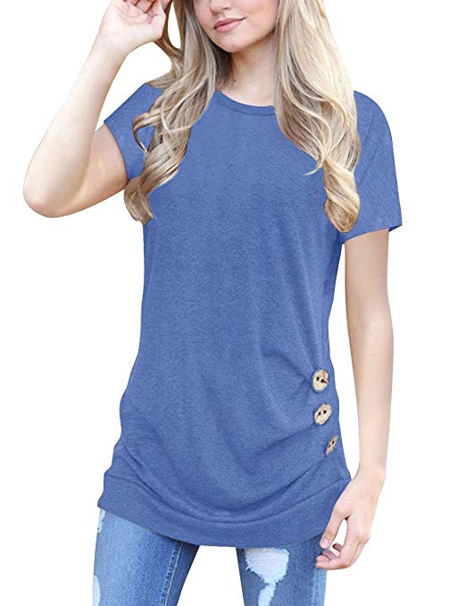 T-Shirts for Women Casual Short Sleeve Tunic Tee Tops Button Side Blouses