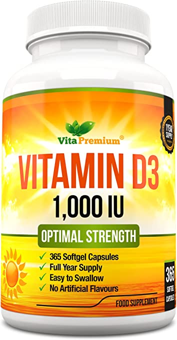 Vitamin D 1,000 IU, Optimal Strength Vitamin D3 Supplement, 365 Easy to Swallow Softgels - Full Year Supply