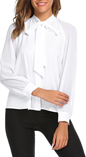 ACEVOG Women Bow Tie Neck Long Sleeve Patchwork Casual Button Down Shirt, 1white, X-Large