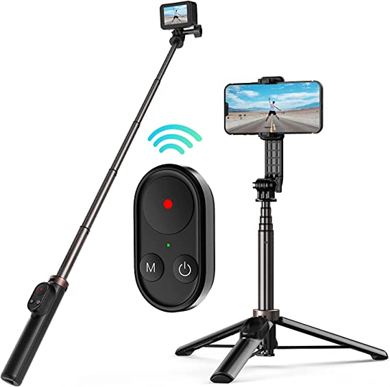 TELESIN Selfie Stick Tripod with Remote for GoPro Mini Hero 11 Hero 10 Hero 9 Heor 8 Black GoPro MAX, Aluminum Alloy Monopod Tripod Bluetooth Remote Control can be Controlled GoPro/iPhone/Android