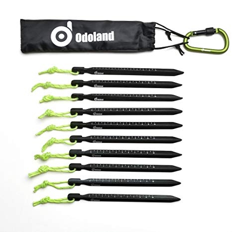Odoland Tent Peg 10PCs Tent Nail/Tent Stake with reflective Rope, Carabiner, Scale, Y-shaped, lightweight durable anodized Alumina, for Outdoor Camping,Beach and Sand