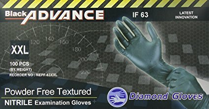Diamond Gloves Black Advance Powder-Free Nitrile Examination Gloves, 6.3 Mil, Heavy Duty, Medical Grade, 100 Count XXL