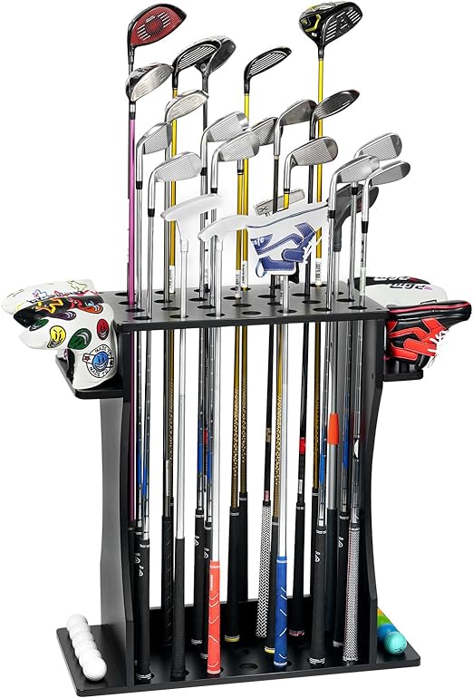 XCSOURCE Wooden Golf Club Holder, Golf Putter Stand Floor Display Rack, Golf Club Rack for 27 Clubs, Golf Balls, 8 Putter Covers Storage, Golf Club Organizer for Indoor Home Club Garage Simulator