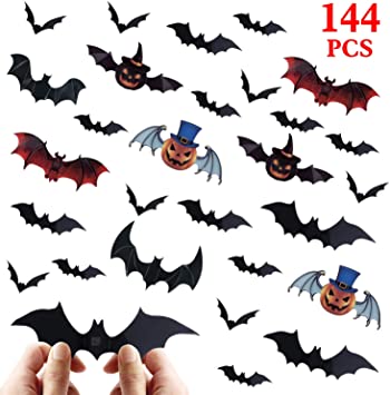 Halloween Bat Decorations Party Supplies - 144 PCS 3D Bats Wall Decals, Waterproof Spooky Bats Craft Window Decor, Scary Bats Wall Stickers for Indoor Outdoor Halloween Wall Decorations