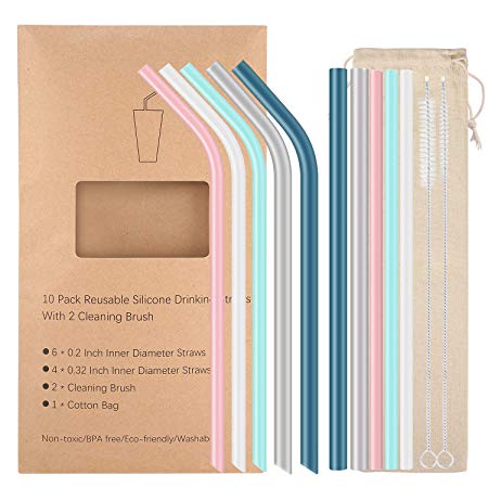 10 Premium Reusable Silicone Drinking Straws, 9.8in for 20oz and 30oz Tumblers, with 4 Wide 0.32in Straws for Smoothie Milkshake  6 Regular Size 0.2in Straws  2 Cleaning Brush  1 Pouch, BPA Free