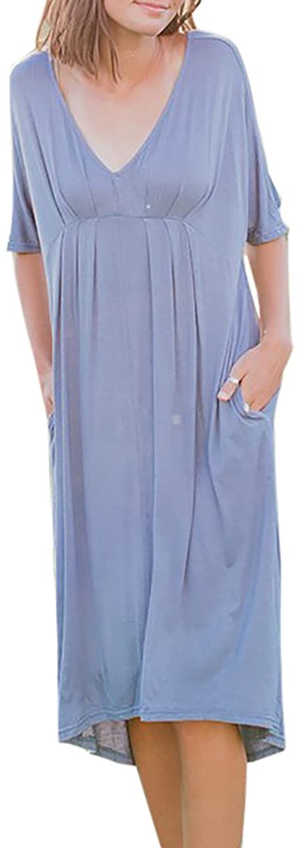 Runcati Womens Cotton Short Sleeve V Neck Pocket Casual Beach Loose Fit Long Maxi Dress
