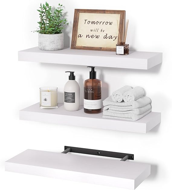 upsimples Floating Shelves with Invisible Brackets, Wall Mounted Rustic Wood Shelves Set of 3, White