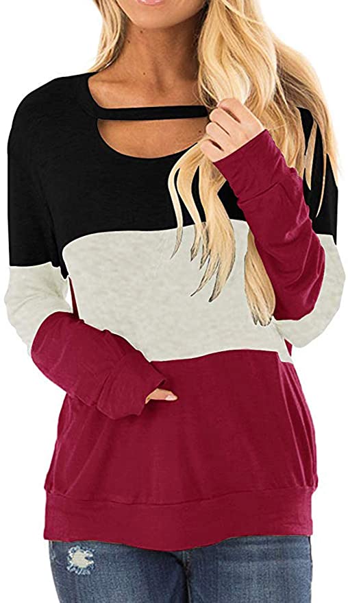 DKKK Women's Round Neck Long Sleeve Color Block Casual Loose Tunic Shirt Blouse Tops