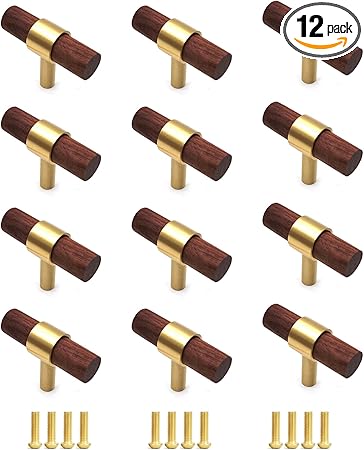 T Bar Cabinet Knobs,12-Pack, T Knobs for Dresser Drawers 1.97" Length Luxury Walnut Drawer Knobs Dark Brown Single Hole Wooden Knobs with Brass