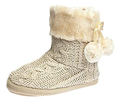 Airee Fairee Slipper Boots Women Ladies Slippers Faux Fur Lined with pom poms Medium (UK5-6.5)