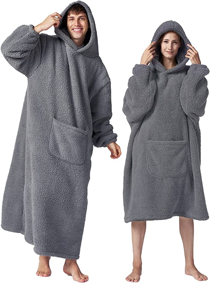 Hansleep Wearable Blanket Hoodie for Men, Hoodie Blanket for Women with Pockets and Sleeves Blanket Sweatshirt - Grey Short