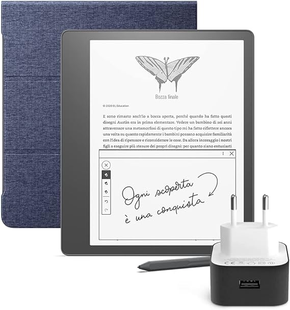 Kindle Essentials Bundle con Kindle Scribe 64 GB (Nero), penna premium, custodia Amazon in tessuto con copertina pieghevole e aggancio magnetico e Caricabatterie USB Amazon PowerFast (9 W)