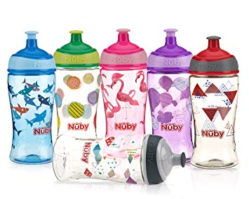 Nuby Printed Kids Pop Up Sipper Water Bottle, Colors May Vary, 1 Pack, 12 Oz, Multi