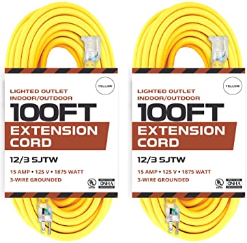 2 Pack of 100 Foot Lighted Outdoor Extension Cord - 12/3 SJTW Heavy Duty Yellow Extension Cable Extension Cable with 3 Prong Grounded Plug for Safety - Great for Garden and Major Appliances